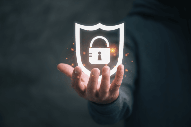 hand with palm up and hovering lock and shield symbol