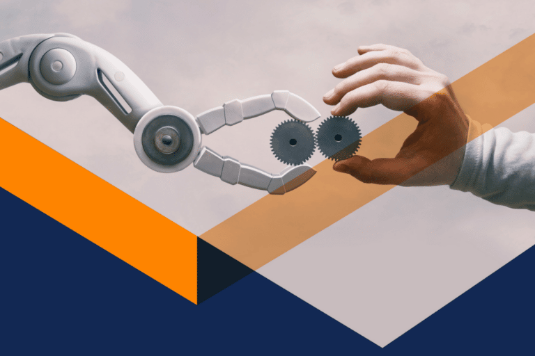 human arm and robot arm holding gear cogs