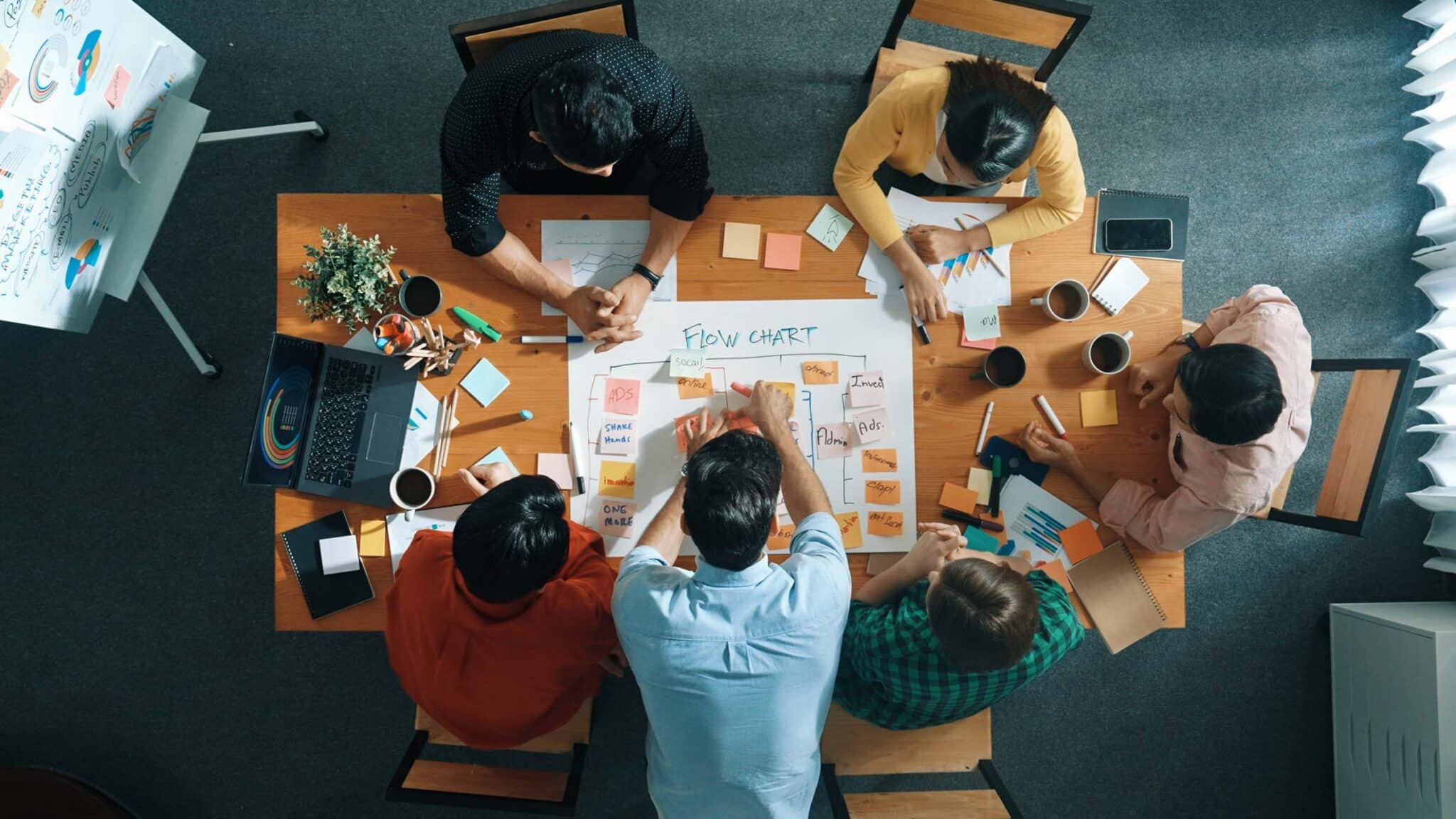 Overhead shot of a team collaborating around a wooden table, working on a flow chart with Post-it notes and laptops.