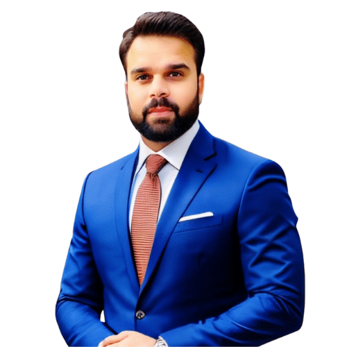 Portrait of a man in a bright blue suit and peach tie, looking at the camera, against a white background.