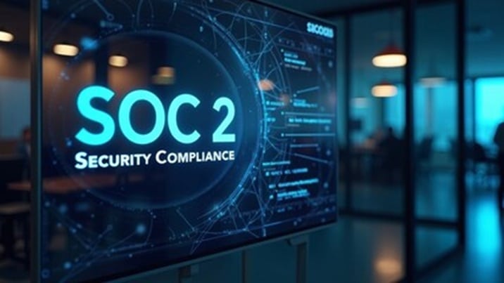 SOC 2 Security Compliance displayed on a large monitor in a modern tech office. (infographic-style UI)