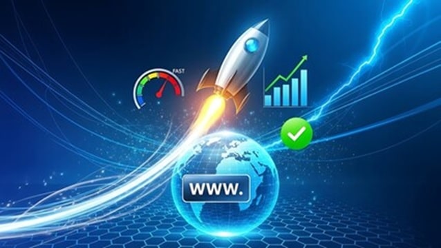Rocket launching from a glowing globe with a www button, speedometer, and rising chart against a blue digital backdrop (web speed/launch concept).