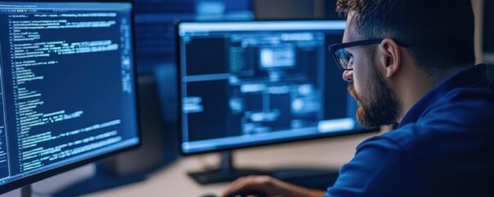 Software developer wearing glasses typing at a multi-monitor setup with code on the left monitor.