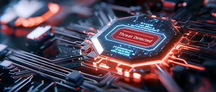 Glowing red 'Threat Detected' warning on a futuristic circuit board, indicating a cybersecurity alert.
