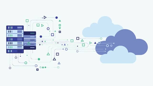 Illustration of data servers on the left connected by lines to blue cloud shapes on the right, representing cloud computing.