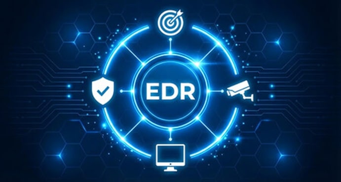 Central EDR diagram with security, surveillance, target, and monitor icons in a blue circular network; represents Endpoint Detection and Response concept.