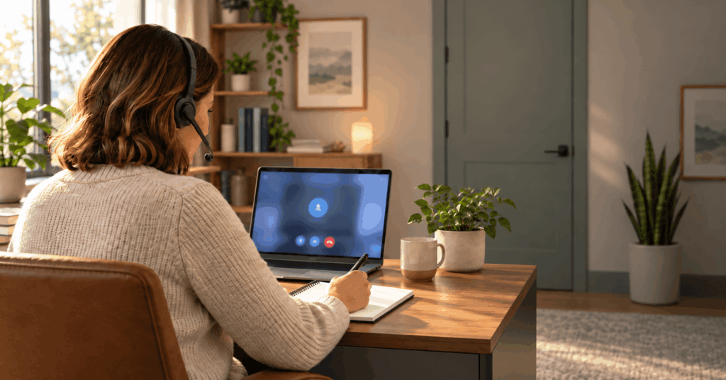 Person with a headset sits at a wooden desk, taking notes while a laptop shows a video call screen.