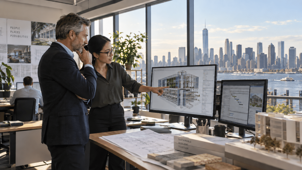 Architects review a 3D building model on a large monitor in a bright open-office with city skyline outside