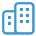 Blue outline icon showing two buildings with windows, representing a city or real estate.
