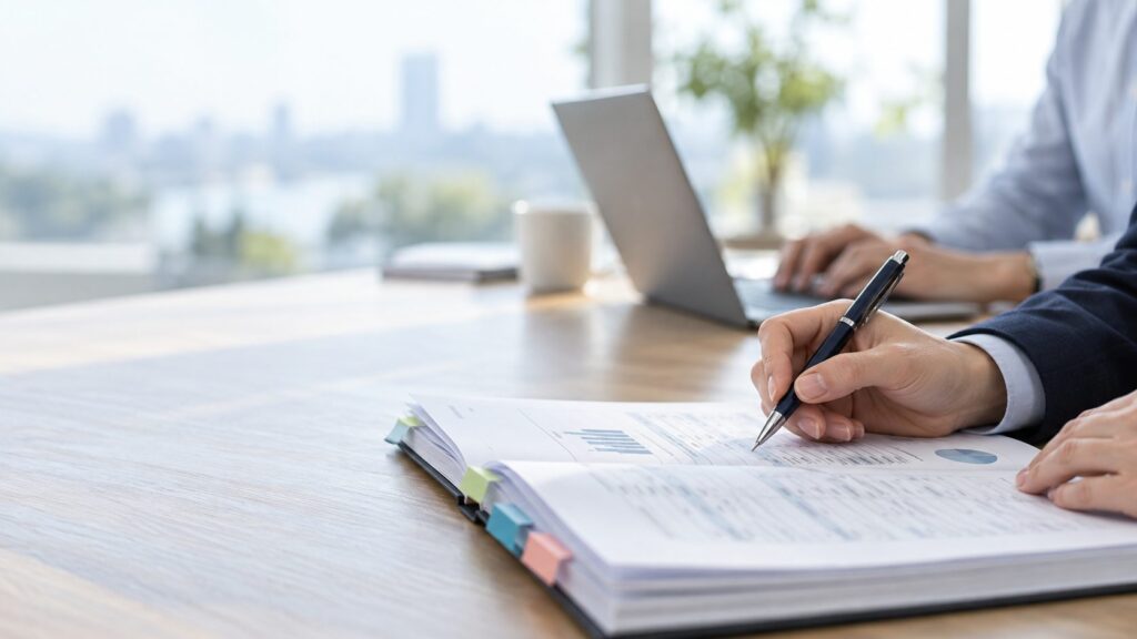 Professional marking up a tabbed audit report with a pen while a colleague works on a laptop