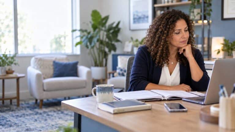 Professional woman with curly hair working at a desk, laptop open, thoughtful pose with hand on chin in a home office setting.