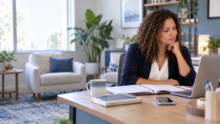 Professional woman with curly hair working at a desk, laptop open, thoughtful pose with hand on chin in a home office setting.